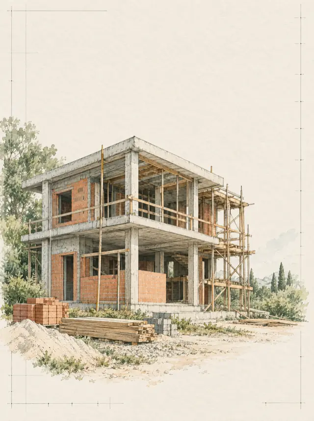 Ilustração de uma casa em construção, desenhada a traço e aquarela